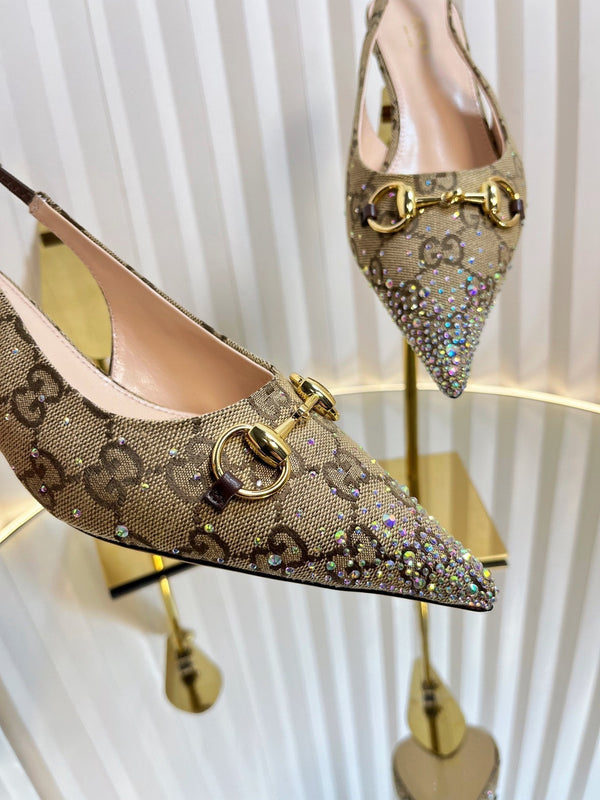 GC Crystal Horsebit Slingback 50mm Beige mix Ebony Canvas lambskin 294617