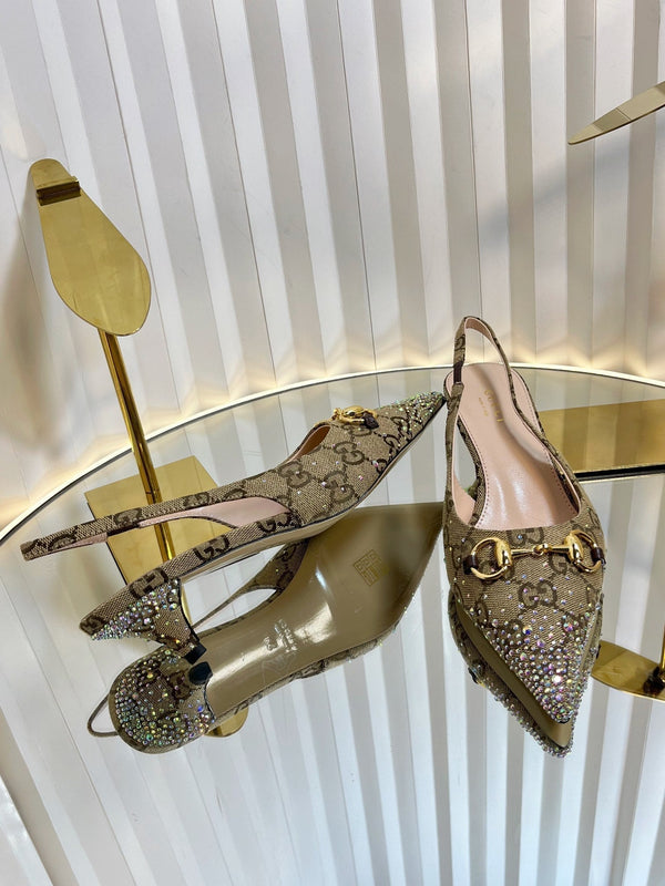 GC Crystal Horsebit Slingback 50mm Beige mix Ebony Canvas lambskin 294617