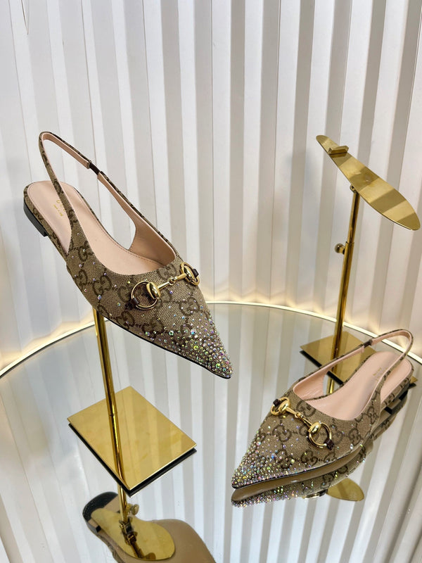 GC Crystal Horsebit Slingback 10mm Beige mix Ebony Canvas lambskin 294614