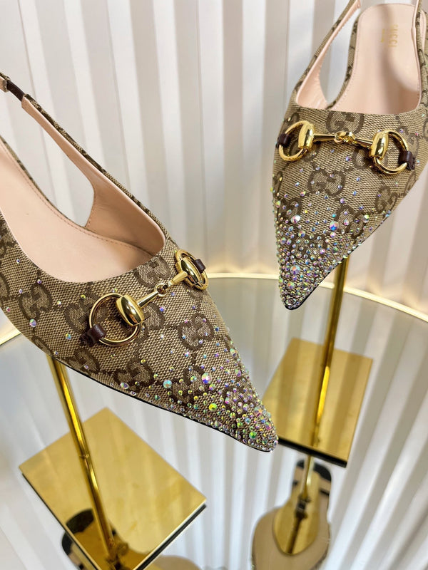 GC Crystal Horsebit Slingback 10mm Beige mix Ebony Canvas lambskin 294614