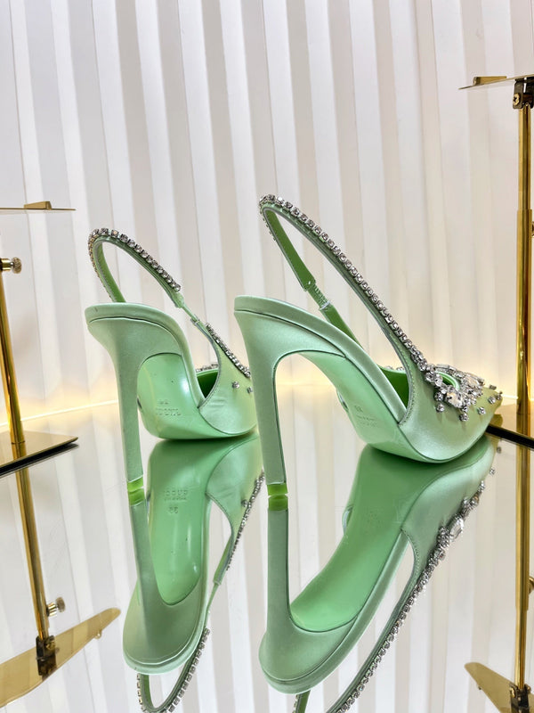 GC 2025 Crystal Embellished High Heels Slingbacks Green Silk Sheepskin 294525