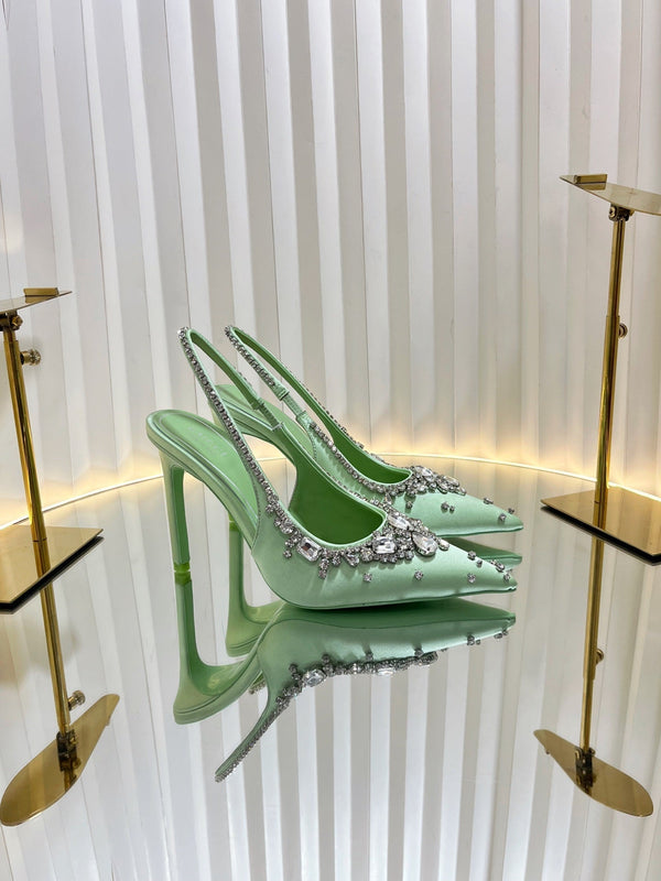 GC 2025 Crystal Embellished High Heels Slingbacks Green Silk Sheepskin 294525