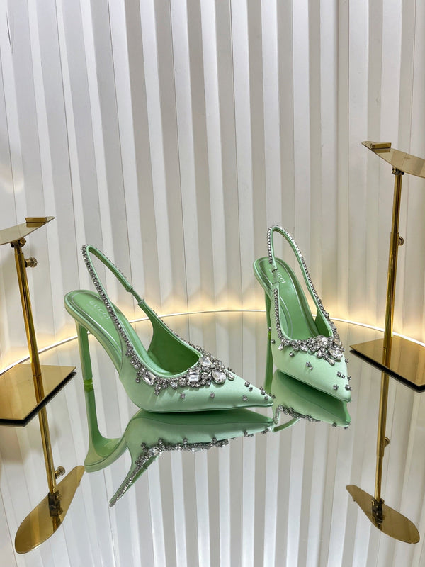 GC 2025 Crystal Embellished High Heels Slingbacks Green Silk Sheepskin 294525