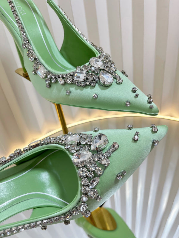 GC 2025 Crystal Embellished High Heels Slingbacks Green Silk Sheepskin 294525
