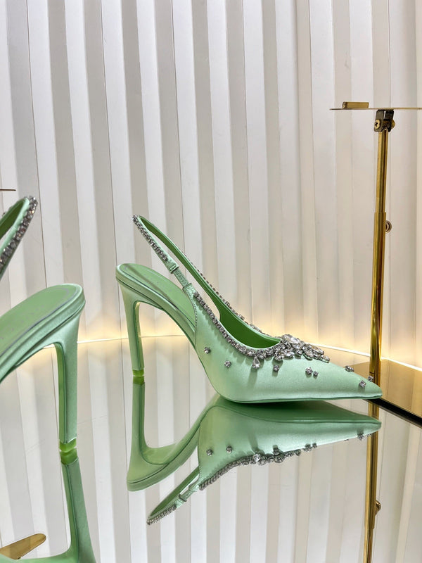 GC 2025 Crystal Embellished High Heels Slingbacks Green Silk Sheepskin 294525