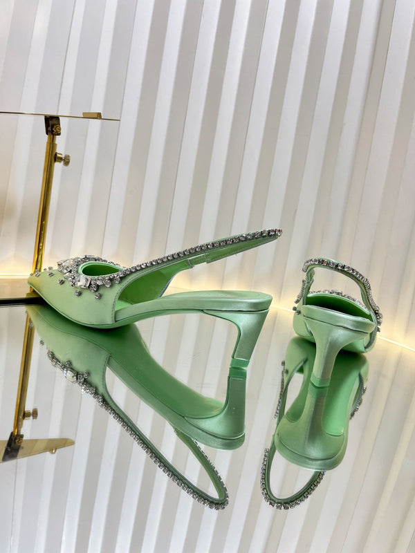 GC 2025 Crystal Embellished 55mm High Heels Slingbacks Green Silk Sheepskin 294528