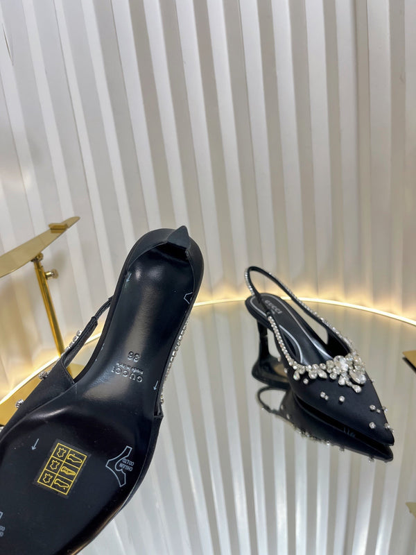 GC 2025 Crystal Embellished 55mm High Heels Slingbacks Black Silk Sheepskin 294526