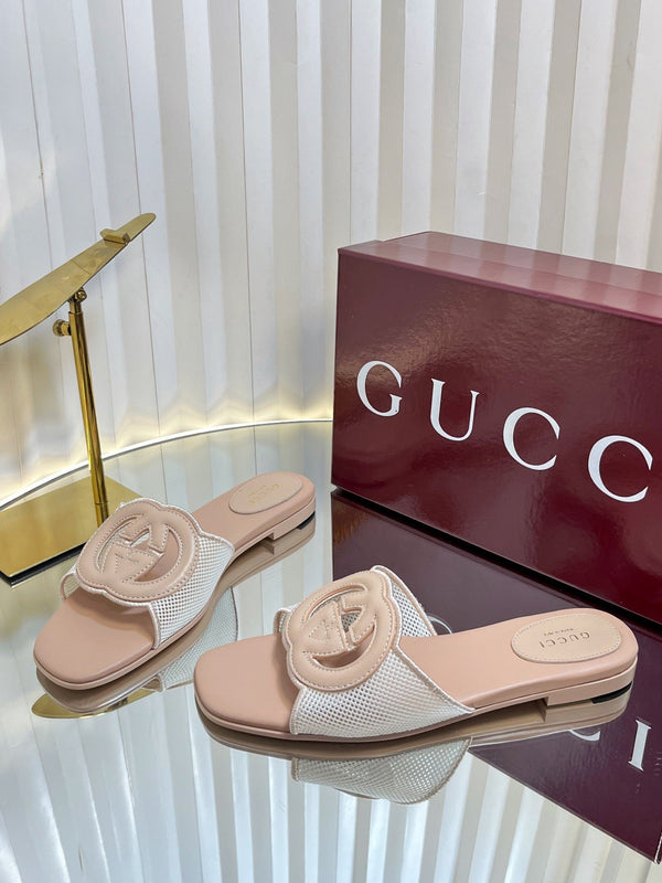 GC 25 Interlocking G Slide Sandal Nude Canvas Cowhide 294646