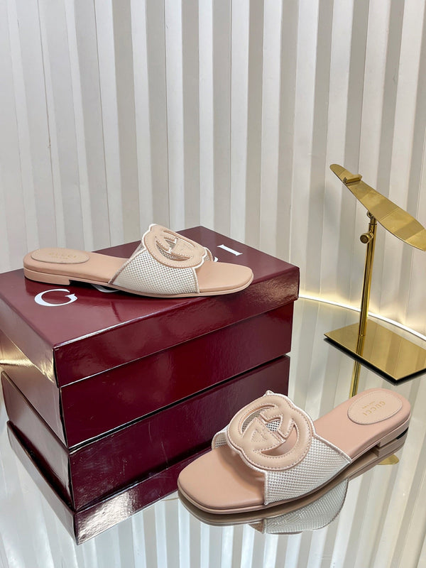 GC 25 Interlocking G Slide Sandal Nude Canvas Cowhide 294646