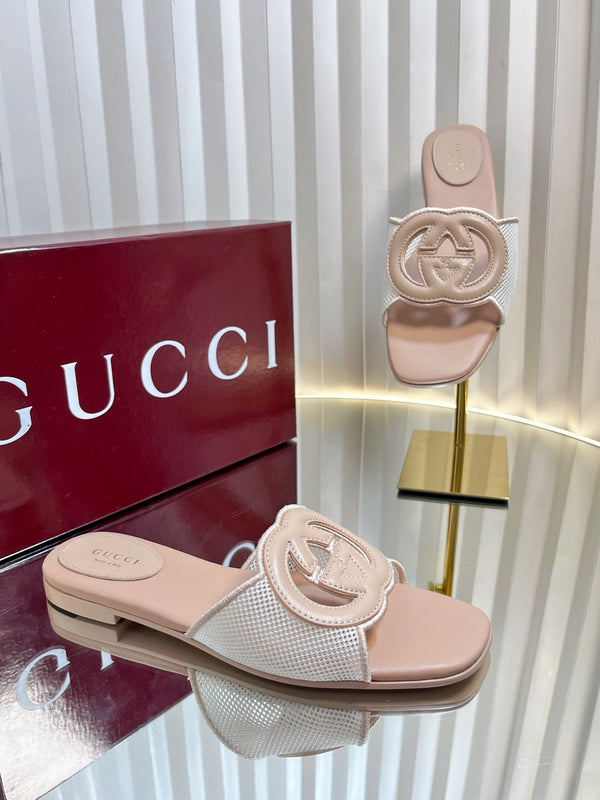 GC 25 Interlocking G Slide Sandal Nude Canvas Cowhide 294646