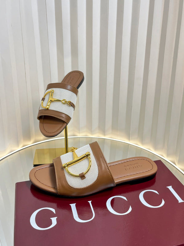 GC 25 Horsebit GG Sandals Brown Canvas Sheepskin 294662