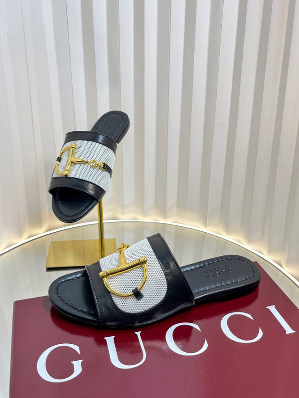 GC 25 Horsebit GG Sandals Black Canvas Sheepskin 294664