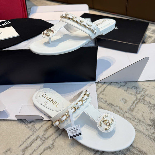 CC 25SS Thong Sandal 2cm Leather Chain White Lambskin 319699