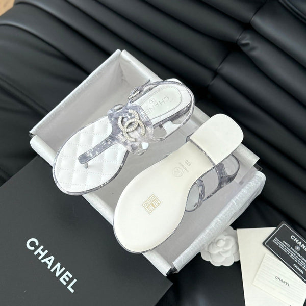 Double C Classic One-Strap Sandals White Gray Smoke Lambskin