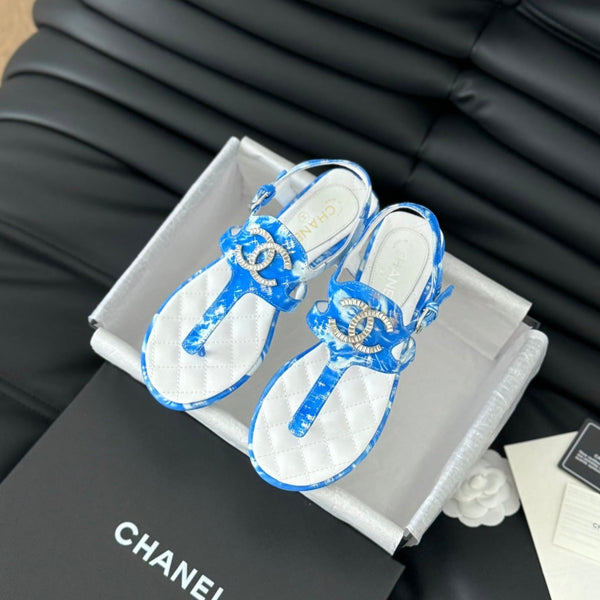 Double C Classic One-Strap Sandals White Navy Blue Lambskin