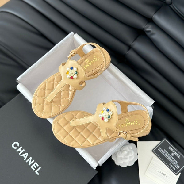 Double C Classic One-Strap Sandals Tan Brown Lambskin