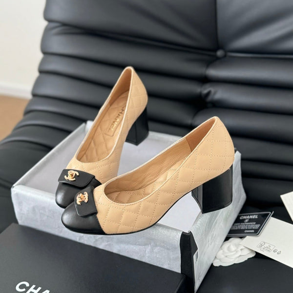 cc classic ballet flat with heel beige quilted calfskin