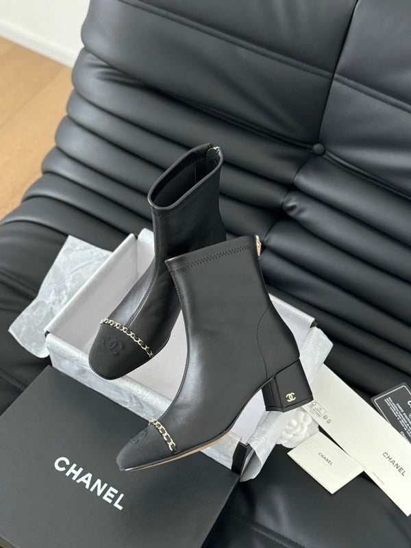 CC Ankle Boot Black Calfskin Grosgrain Leather Strap