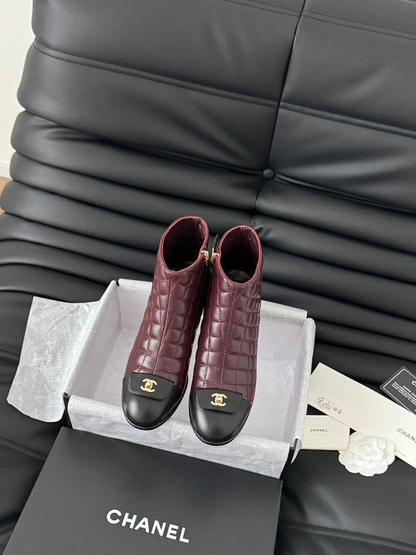 CC SHORT BOOTS 65 MM IN SANGRIA PURPLE MIX BLACK QUILTED PATTERN LAMBSKIN