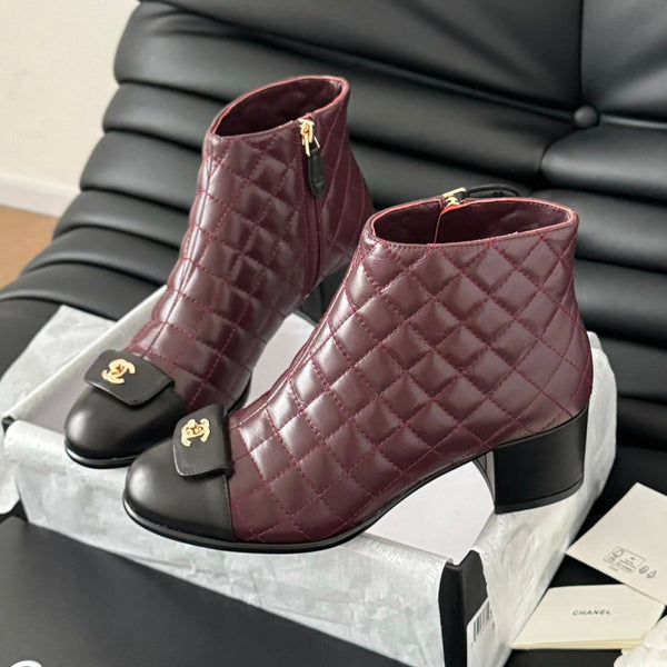 CC SHORT BOOTS 65 MM IN SANGRIA PURPLE MIX BLACK QUILTED PATTERN LAMBSKIN