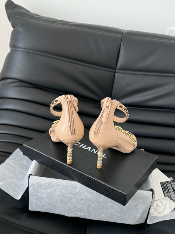 SANDALO TACCO ALTO 7,5 MM IN PELLE DI MONTONE BEIGE TAN CON ADESIVI