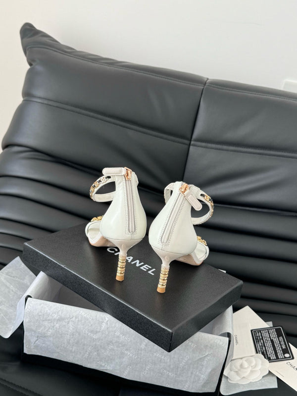 SANDALO TACCO ALTO 7,5 MM IN PELLE DI MONTONE BIANCA CON ADESIVI