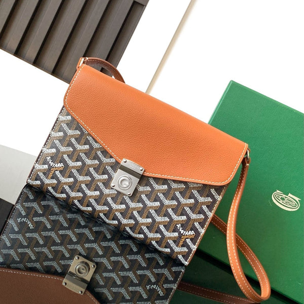 PORTAFOGLIO-BORSA CYPRUS 21 IN TELA GOYARDINE NERA E PELLE DI VITELLO MARRONE CHIARO