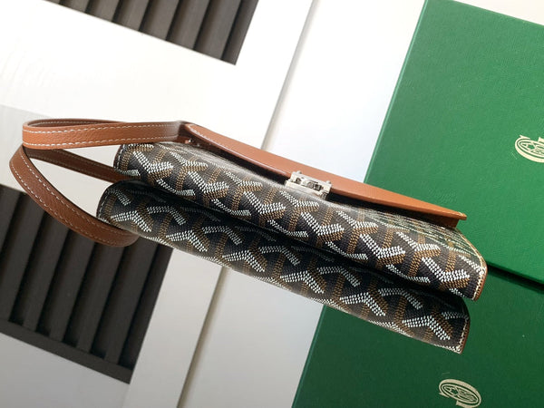 PORTAFOGLIO-BORSA CYPRUS 21 IN TELA GOYARDINE NERA E PELLE DI VITELLO MARRONE CHIARO