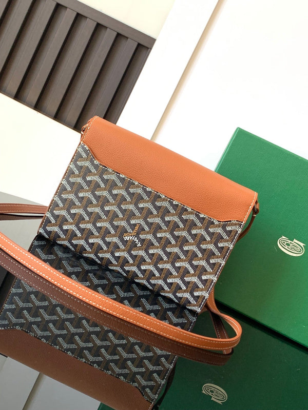 PORTAFOGLIO-BORSA CYPRUS 21 IN TELA GOYARDINE NERA E PELLE DI VITELLO MARRONE CHIARO