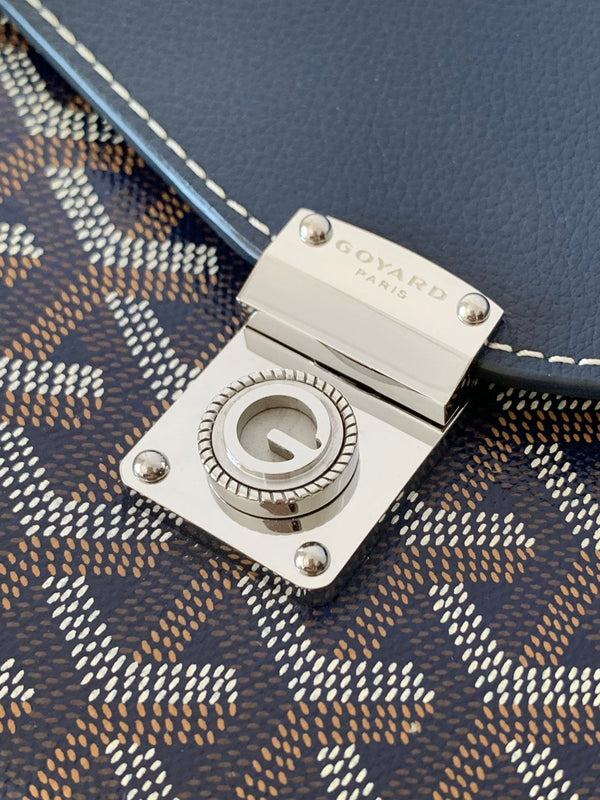 PORTAFOGLIO-BORSA CYPRUS 21 IN TELA GOYARDINE BLU NAVY E PELLE DI VITELLO