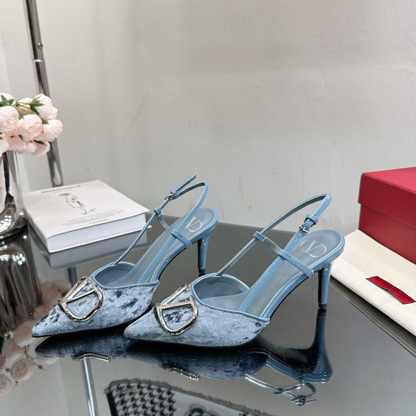 Vlogo Signature Slingback in pelle di vitello blu e velluto
