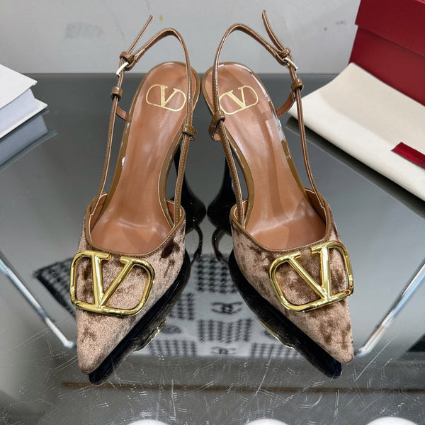 Vlogo Signature Slingback in pelle di vitello marrone e velluto