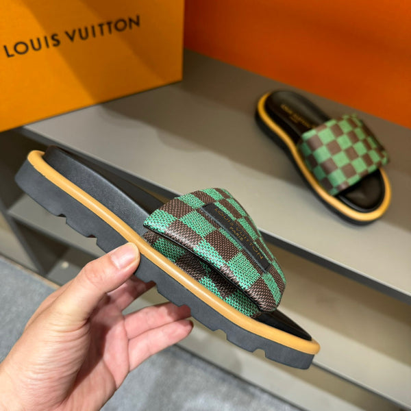 LV VELCRO SLIPPERS GREEN MIX BROWN DAMIER MONOGRAM CALFSKIN