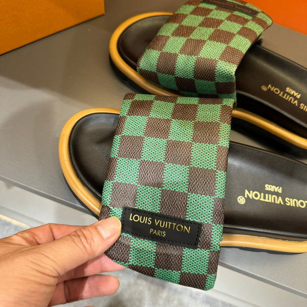 LV VELCRO SLIPPERS GREEN MIX BROWN DAMIER MONOGRAM CALFSKIN