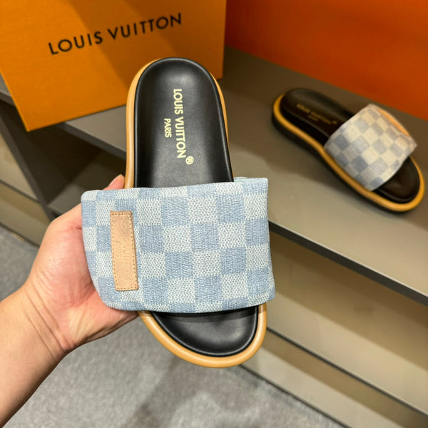 LV VELCRO SLIPPERS LIGHT BLUE DAMIER MONOGRAM JACQUARD