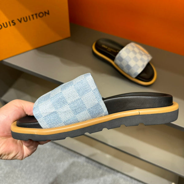 LV VELCRO SLIPPERS LIGHT BLUE DAMIER MONOGRAM JACQUARD