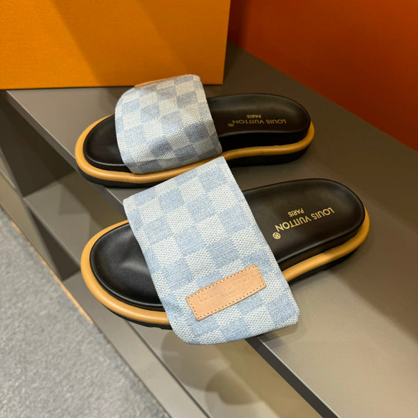 LV VELCRO SLIPPERS LIGHT BLUE DAMIER MONOGRAM JACQUARD