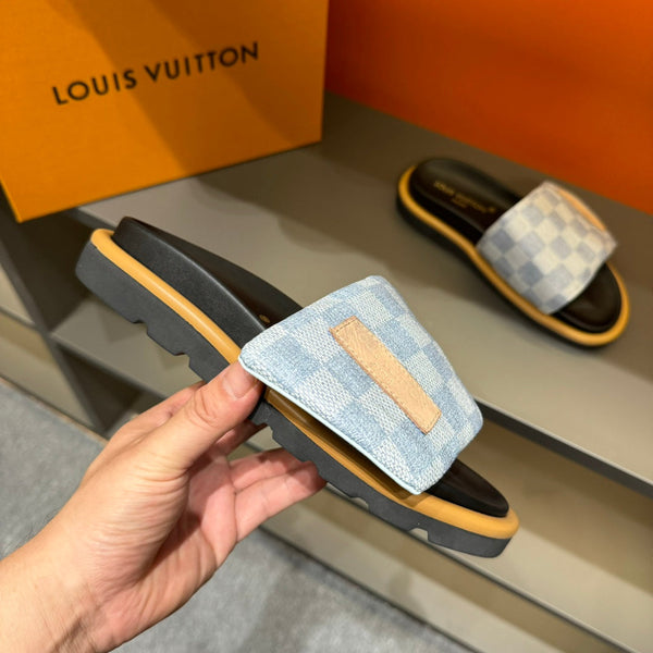 LV VELCRO SLIPPERS LIGHT BLUE DAMIER MONOGRAM JACQUARD