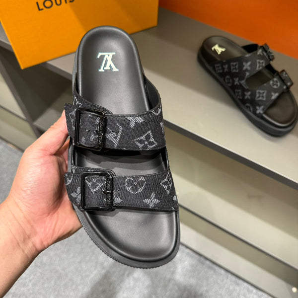 LV DAD SANDAL BLACK MONOGRAM DENIM