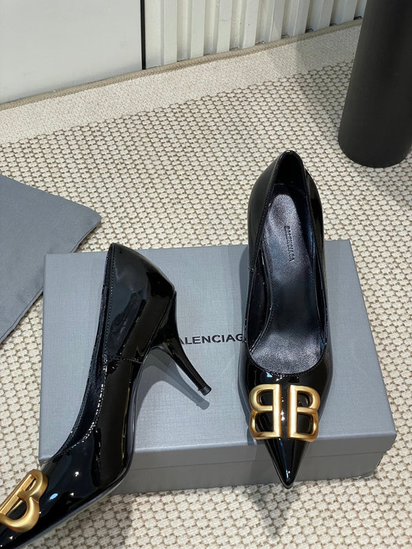 DÉCOLLETÉ ALTE CON FIBBIA ORO BB A PUNTA 80MM IN PELLE DI VITELLO VERNICIATA NERA