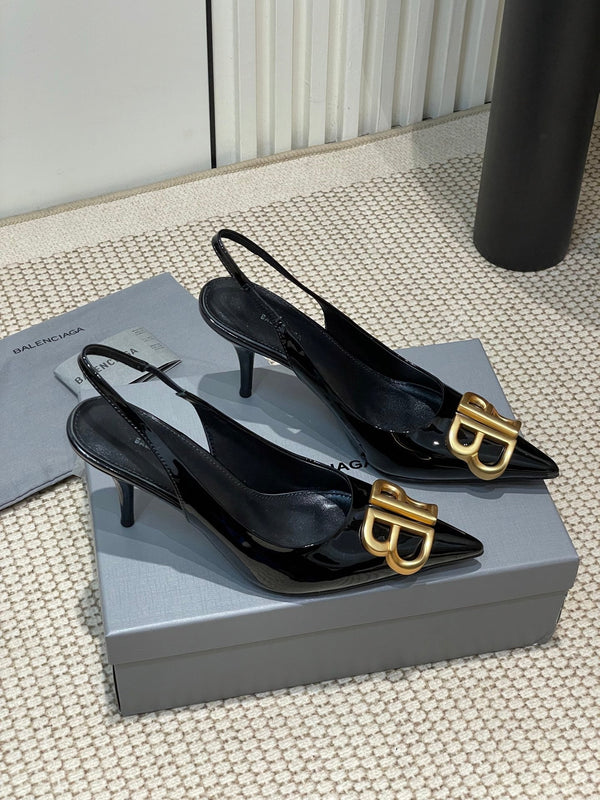 POINTED BB GOLD BUCKLE HIGH SLINGBACK 80MM IN BLACK PATENT CALFSKIN