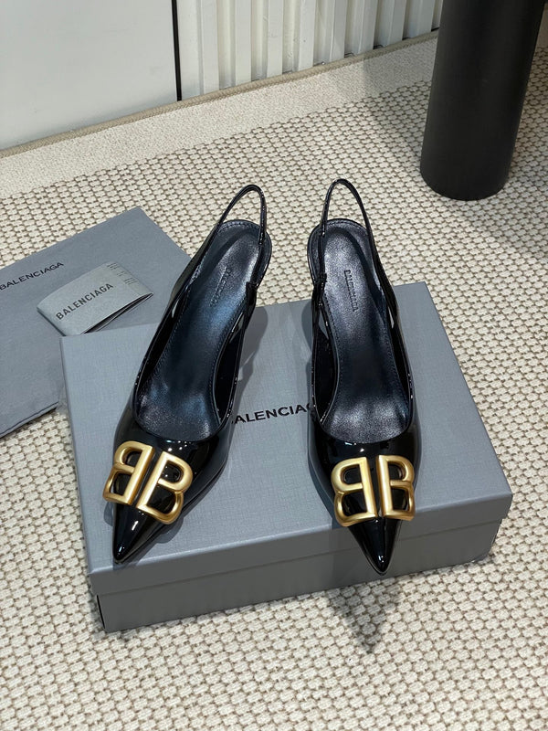 POINTED BB GOLD BUCKLE HIGH SLINGBACK 80MM IN BLACK PATENT CALFSKIN