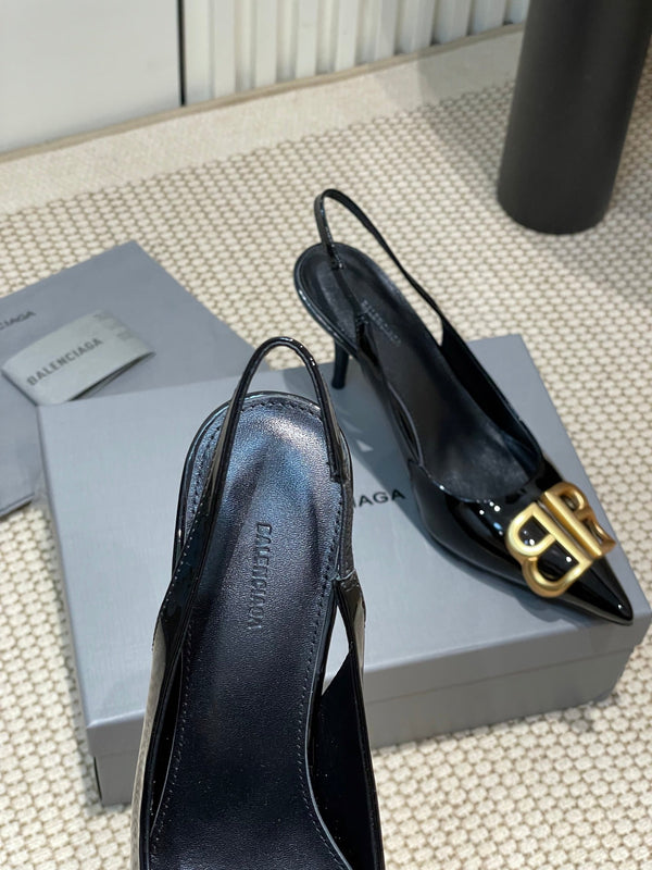 POINTED BB GOLD BUCKLE HIGH SLINGBACK 80MM IN BLACK PATENT CALFSKIN