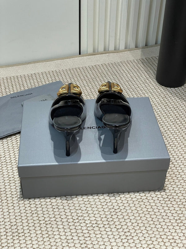 POINTED BB GOLD BUCKLE HIGH SLINGBACK 80MM IN BLACK PATENT CALFSKIN