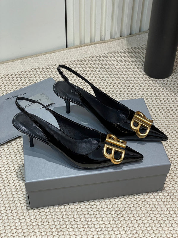 POINTED BB GOLD BUCKLE HIGH SLINGBACK 60MM IN BLACK PATENT CALFSKIN