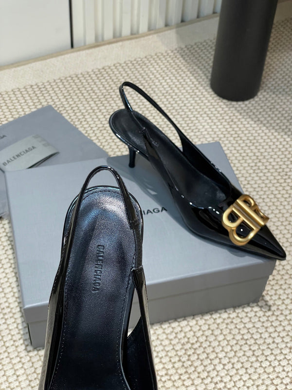 POINTED BB GOLD BUCKLE HIGH SLINGBACK 60MM IN BLACK PATENT CALFSKIN
