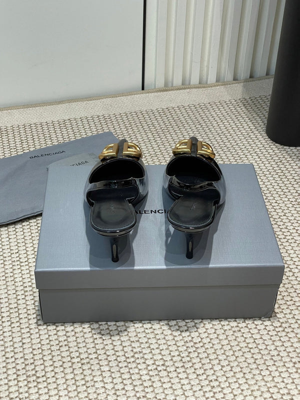 POINTED BB GOLD BUCKLE HIGH SLINGBACK 60MM IN BLACK PATENT CALFSKIN