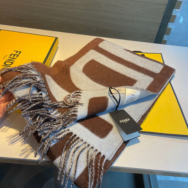 FF 185 CM SCARF IN CAMEL BROWN MIX GREY CASHMERE AND WOOL