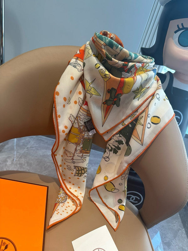 Flagship Scarf 140 CM In White Colorful Cashmere And Mulberry Silk 376505