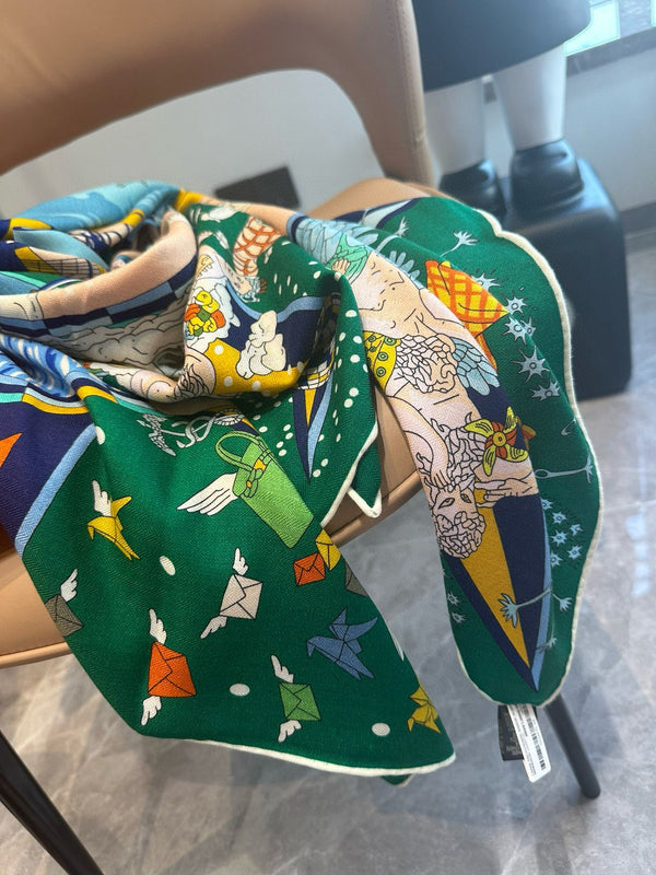 Flagship Scarf 140 CM In Dark Green Colorful Cashmere And Mulberry Silk 376506